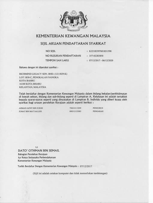 Sijil MOF Richmind Legacy - Kementerian Kewangan