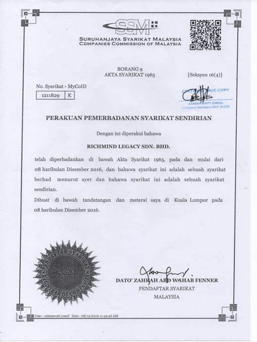 Sijil SSM Richmind Legacy - Borang 9